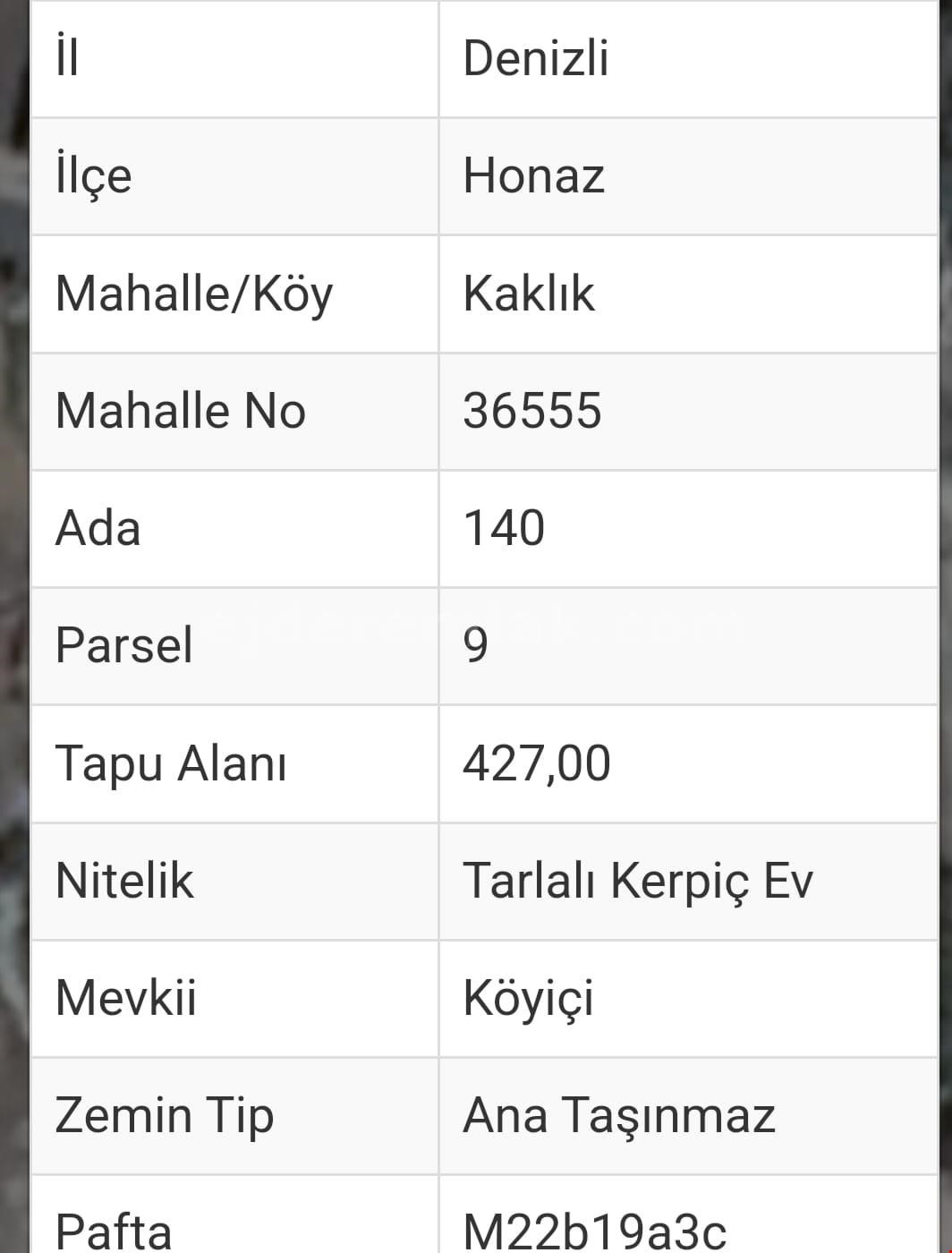 Denizli Honaz Kaklık Mah. Köy içi Yolu Lise Altı Satılık Arsa 427 m2 950 Bin TL 
